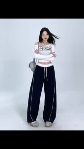 Quần Suông Jogger Ống Rộng Cạp Trắng Chất Nỉ Ép Hàn Cao Cấp Phối Viền Sọc Phong Cách MS444
