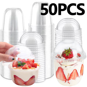 50PCS Disposable Clear Plastic Cup Juice Salad Dessert Cups with Dome Lids Ice Cream Birthday Wedding Camping Utensils