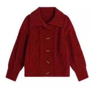 Girls Red Knitted Sweater with Turn-down Collar And Button Detail Autumn Winter Fashionable Versatile New Years Outfit for Kids