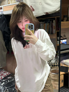 American Vintage Long Sleeve Pure Cotton T-Shirt Womens Autumn Boyfriend Style Mid-Length Base Shirt Creative Gradient Print Streetwear