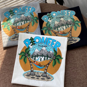 Washed Long Staple Cotton Flocking round Neck Short Sleeve T-Shirt Men Women Island Vacation Print Casual Summer Top