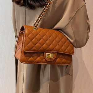 Fashionable Commuter Womens Bag Large Capacity Diamond Grid Chain Handbag Soft PU Leather Lock Buckle Closure Casual Style
