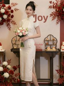 Youthful Styled Mandarin Collar Slim Fitted Short Sleeve Pure Color Modern Qipao