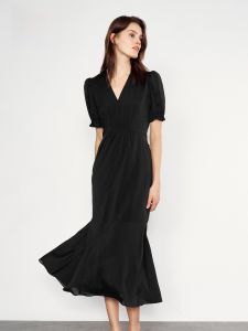 HR | Elegant V-neck Acetate Dress French Bubble Sleeve Slimming Black Long Dress HR High-end Fashionable A-line Gown Summer Wear