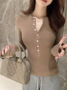 Slim Fit Long Sleeve Henry Collar T-Shirt Button up Base Shirt Chic Early Autumn Womens Fashion Commute Style Regular Thickness