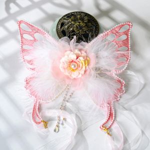 Elegant Silk Flower Hairpin with Large Butterfly Back Pressed Feathers Tassel Hanfu Headwear Versatile Ancient Chinese Style Hair Accessories