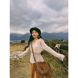 เสื้อถักแขนยาวผู้หญิงฤดูใบไม้ผลิและฤดูใบไม้ร่วงหลวมๆ แขนกระดิ่งกันแดดสีน้ำเงินอ่อน เสื้อคลุมกันแดดแบบลำลอง