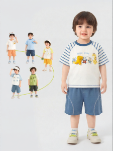 CUTEPANDAS | Bộ Áo Cotton Hình Cartoon Tay Ngắn cho Mùa Hè