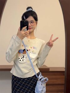 Áo Thun Dài Tay Nữ Dáng Ôm in Họa Tiết Hoạt Hình Mùa Thu Cotton Pha Lanh Co Giãn Cổ Tròn Dài Thường