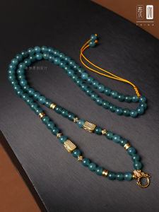 Thai Original Design Vintage Blue Water Turquoise Buddha Pendant Necklace with Tassel Sweater Chain Mixed Material round Bead Chain