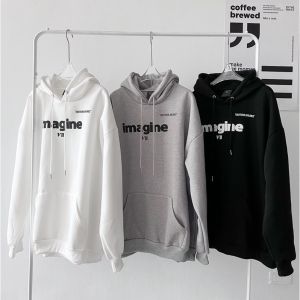 Sweater Hoodie Sablon Original Pria Wanita High Quality - Putih Abu Abu Hitam - Fit Casual - Dengan Tas Depan