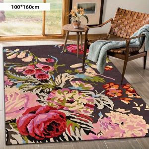 Thảm Trải Sàn Nền Đen Cổ Điển VIKAMA Với Họa Tiết Hoa Mẫu Đơn Lớn Hoa Hồng Lá Cây Thảm Trải Sàn Phong Cách Boho Trong Nhà Chống Mài Mòn Cho Gia Đình