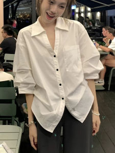 plus Size Womens White Polo Neck Button Long Sleeve Shirt Loose V-Neck Slimming Top Korean Style Casual Fashion 2025 Autumn