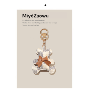 Elegant Leather Bear Bag Charm with Classic Butterfly Knot Key Holder Accessory by Miya ZaoWu Fine Hanging Decoration