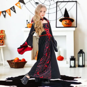 Girls Vampire Witch Costume Kids Halloween Masquerade Dress Up Themed Party Cosplay Black Red Princess Dress