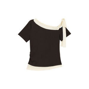 Contrast Color Slant Shoulder Tie-Up Irregular T-Shirt