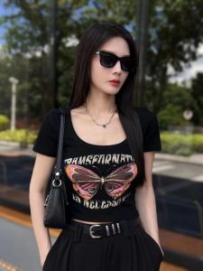 Summer Short Sleeve T-Shirt Womens Butterfly Print Slim Fit Hot Girl Top American Style Cotton round Neck Commute Fashion