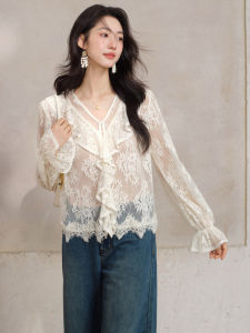 Ruffled Lace V-neck Puff Sleeves Chiffon Blouse