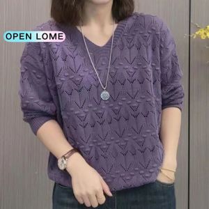 Women's Hollow Long-sleeved Knitted Blouse Plain V-neck Shirt New Fashion All-match Loose Tops