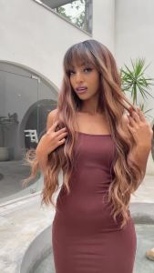 ALAN EATON | ALAN EATON Brown Highlight Synthetic Wigs with Bangs for Black Women Long Ombre Honey Brown Wave Wig Heat Resistant Hair Natural