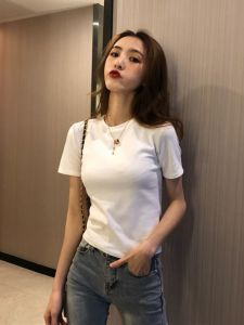 เสื้อยืดคอกลมแขนสั้นผ้าฝ้ายสีพื้นสำหรับผู้หญิงในช่วงฤดูร้อน ทรงสลิมฟิต เสื้อชั้นใน สีพื้น คอกลม ไหล่ กางเกงขายาว