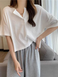 Short Sleeve Short T-Shirt Women Summer New Korean Loose Versatile Half Sleeve Base Shirt Trendy Small Shirt round Neck Button Detail