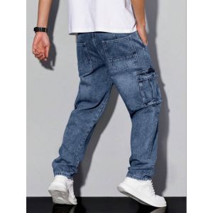 Mens Loose Fit Casual Jeans Workwear Multi-Pocket Straight Leg Pants Versatile Pocket Design for Comfortable Wear