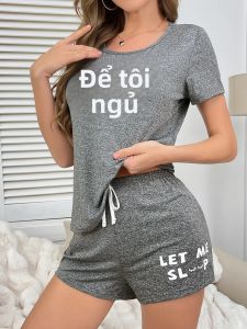 Bộ Đồ Ngủ Nữ 2 Món In Chữ Áo Ngắn Tay Cổ Tròn Và Quần Đùi Chất Liệu Cotton Đồ Ngủ Mặc Nhà Đồ Mặc Nhà Mùa Hè Phong Cách Thường Ngày