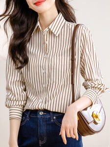 Stripes Shirt Womens Spring and Autumn New Arrival Retro Literary Style Hong Kong Style Top Mid Length Long Length Bandage Dress Figure Flattering Long Sleeve Shirt
