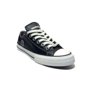 รองเท้าผ้าใบหนังสไตล์ POWSTAR ทรงสี่เหลี่ยมมน สำหรับผู้ชาย สีดำ สีแดง ฤดูร้อน 2024 รองเท้าผ้าใบแบบสวมที่สวมใส่สบาย