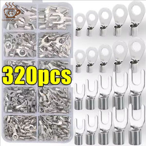 320Pcs/Box Copper Ring Fork Terminals Kit Non Insulated Brass Connectors for Electrical Wiring Furniture Hardware O/U Type Brass Terminal