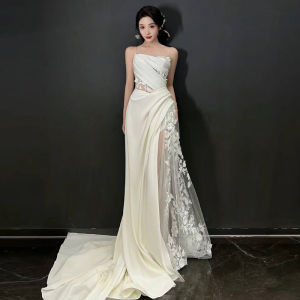 Elegant Satin Wedding Dress Mermaid Gown with Strapless Neckline Floor Length out Door Bride Morning Robe French Style Tailor