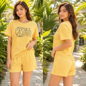Women’s LOVE Design Thin Rib Knit Terno Pajama Set Soft Stretchable Loungewear Free Size Fits Up to 60KG Comfortable & Stylish