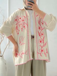 Kemeja Wanita Terbaru Bordir Kancing Meira Linen Cream Oversize Jumbo