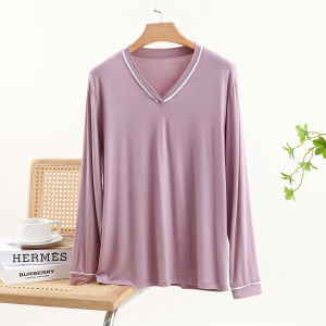 Loose Modal Long Sleeve T-Shirt Womens Spring Thin Casual V-Neck Home Comfortable plus Size Versatile Base Layer Shirt