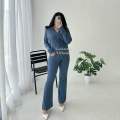 Deluna - Vior One Set Wanita - Setelan Atasan Kemeja Loose Oversize Lengan Panjang Dan Celana Cutbray Highwaist Bahan Knit Stretch Bawahan Kancing. 