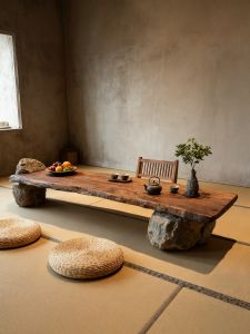 Wabi-Sabi Style Solid Wood Tea Table And Chair Set for Hotel And Homestay Multi-Function Wooden And Stone Tea Desk Tea Room