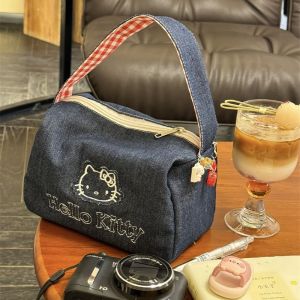 Sanrio | aSanrio Hello Kitty Retro Denim Handbag KT Cat High Aesthetic Large Capaci Portable Eup Bag Embroidered Travel Storage Bag Gifts
