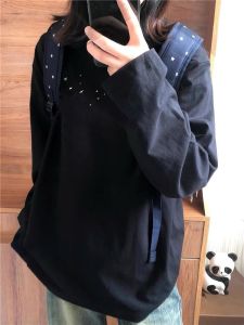 Womens Pure Cotton Long Sleeve T-Shirt Black Loose Fit Comfortable Base Layer Shirt American Style Spring Autumn Lazy Style