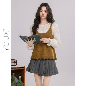 YOUXIANG | Bộ Áo Sơ Mi Cổ Tròn Retro và Áo Len cho Phụ Nữ