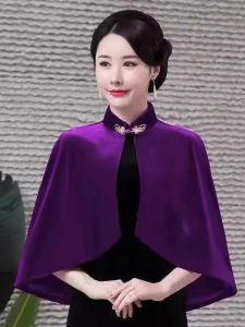 เรียบหรู กํามะหยี่ ชุดกี่เพ้า Wrap ฤดูใบไม้ร่วง ฤดูหนาว แจ๊กเก็ตสั้นสําหรับสุภาพสตรี เสื้อโค้ท ผ้าคลุมไหล่กํามะหยี่สีทอง หลากหลาย มีสไตล์ ผู้หญิง เสื้อแจ็คเก็ต