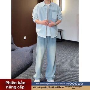 Quần Jeans Mùa Hè Màu Xanh Lơ Chất Liệu Lụa Băng Đai Dây Co Giãn Ống Quần Thẳng
