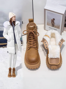 Thick Bottom Martin Boots Womens Winter Snow Boots Fleece Lined Hiking Boots Short Boot High Heel round Toe Rubber Outsole