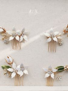 French Original Design Handmade Illusory Color White Flower Hair Comb Set Wedding Bride Headwear Makeup Ancient Style