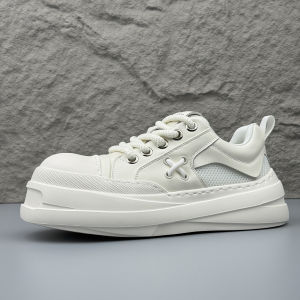 Mens Breathable High Top Casual Shoes Summer Trendy White Thick Bottom Heightening Leisure Board Shoes Easy to Wear Rubber Sole