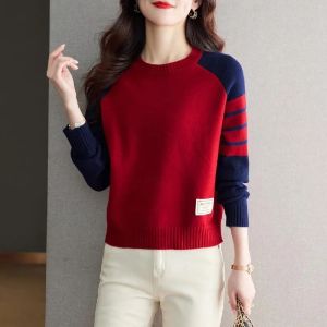 MAIMEI | Short Womens Knitted Wool Sweater Red Base Layer Top Early Spring Autumn New Style Korean Loose Fit Long Sleeve Round Neck