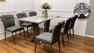 Bàn Ăn Nhập Khẩu Chân Chữ U Thép Mạ Titan Mặt Đá Ceramic Kéo Dài Gấp Cạnh Hiện Đại. Căn Hộ Chung Cư Gia Đình