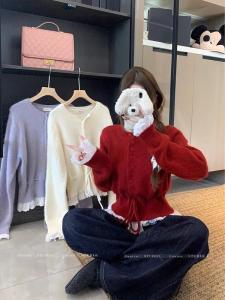 Korean Style Sweet Ruffle Lace Splice Loose Knitted Open Cardigan Short Sweater Womens Fashion Commute Regular Fit Long Sleeve round Neck