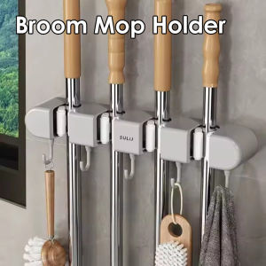 Broom Mop Holder with Hooks Wall Mounted Storage Rack White Grey