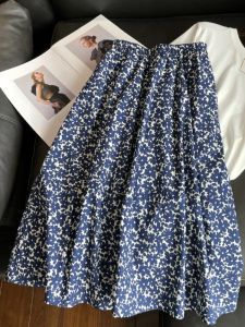 Summer Thin Blue Floral Cotton Half Skirt Womens Elastic Waist Slimming Midi A-Line Skirt Casual Commute High Waist Floral